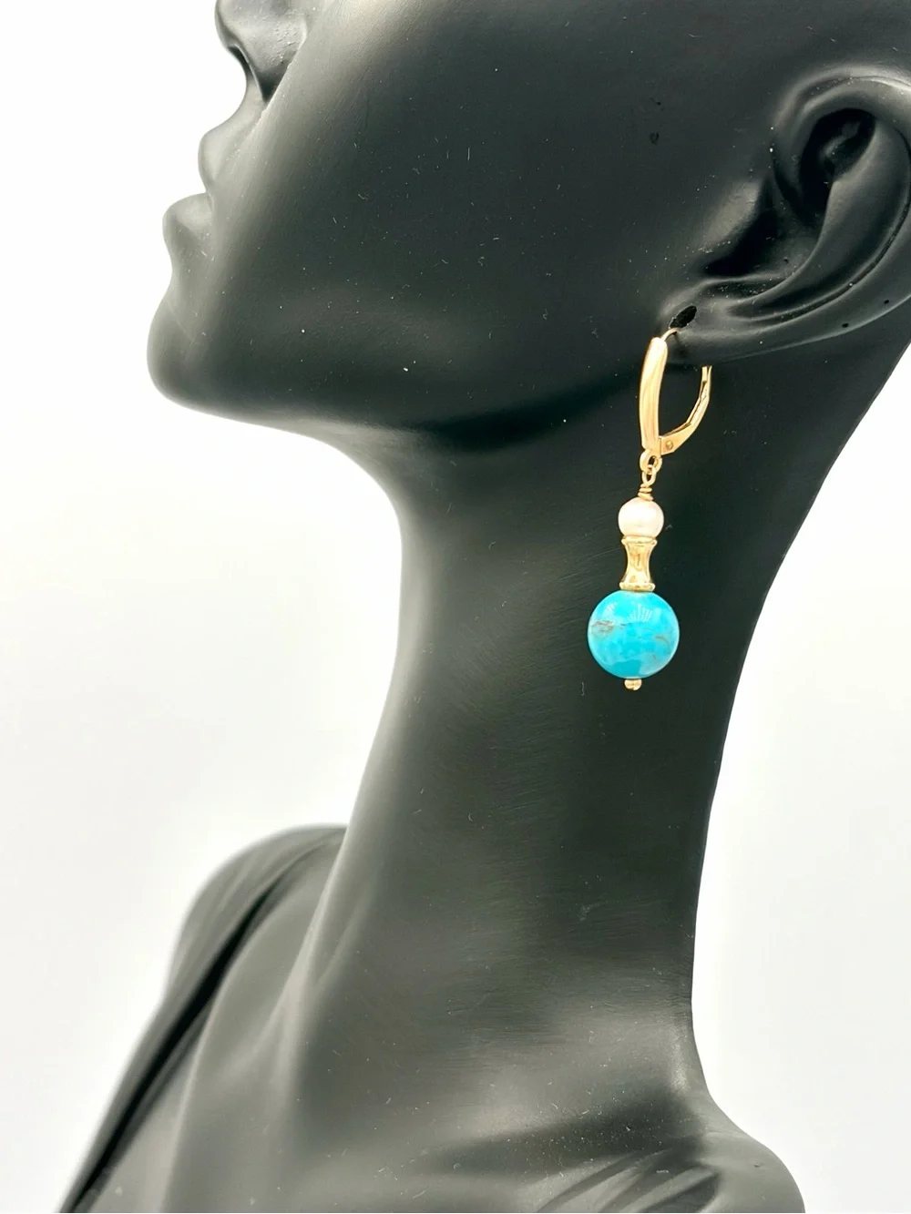 Vintage Zimmer Bros. Solid 14k Gold Turquoise Drop Earrings with Pearl Accent